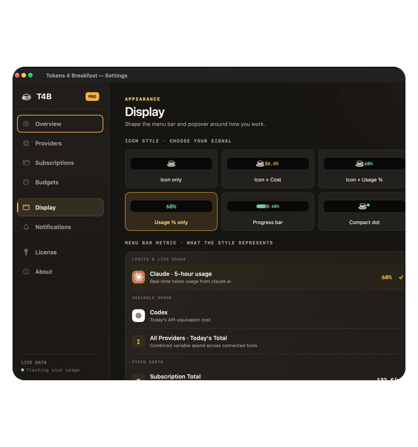 Tokens 4 Breakfast display settings showing six menu bar icon styles and the selected Claude five-hour usage metric.