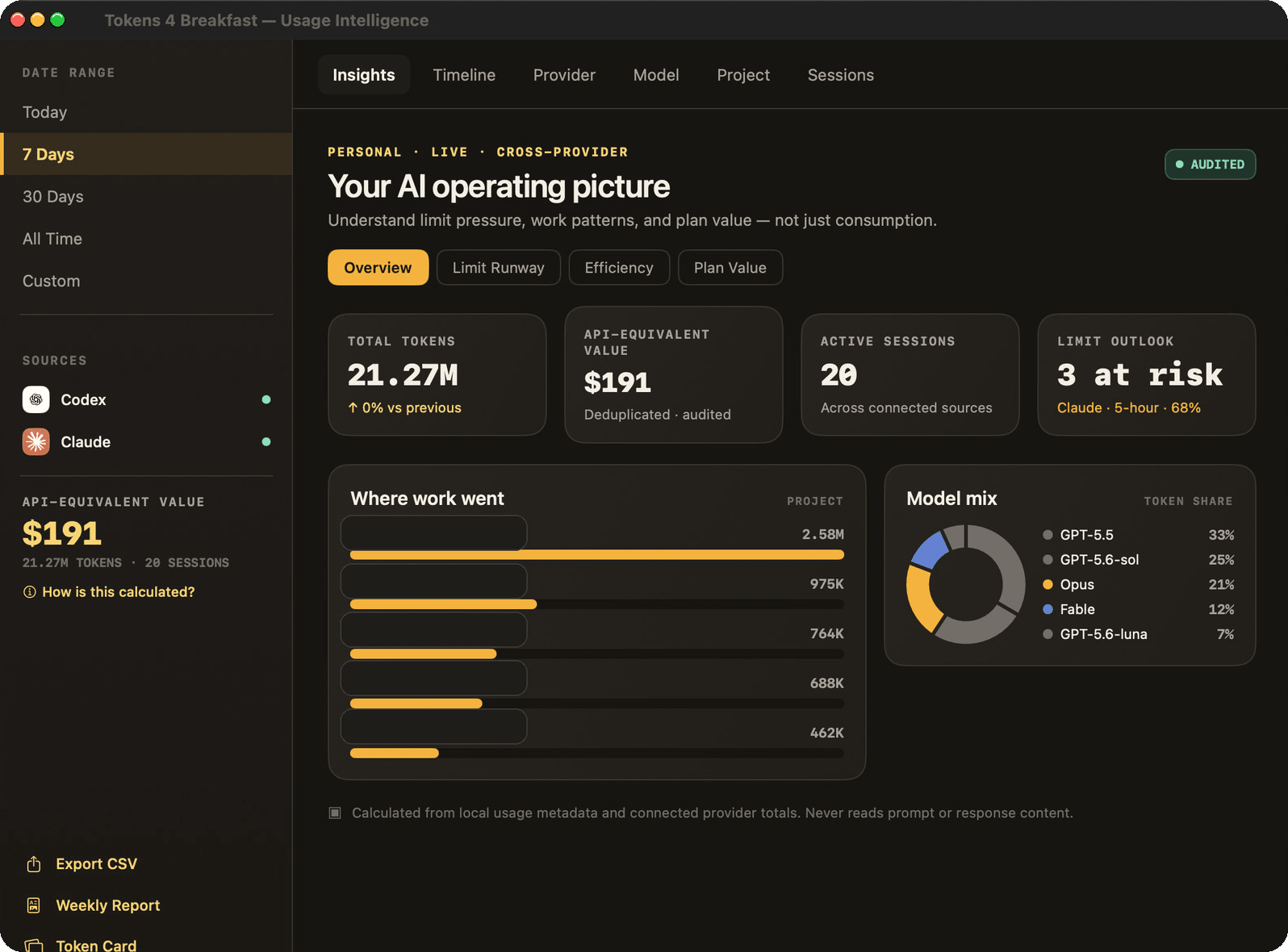 Tokens 4 Breakfast Usage Intelligence Overview showing total tokens, API-equivalent value, active sessions, limit outlook, private project allocation, and model mix.