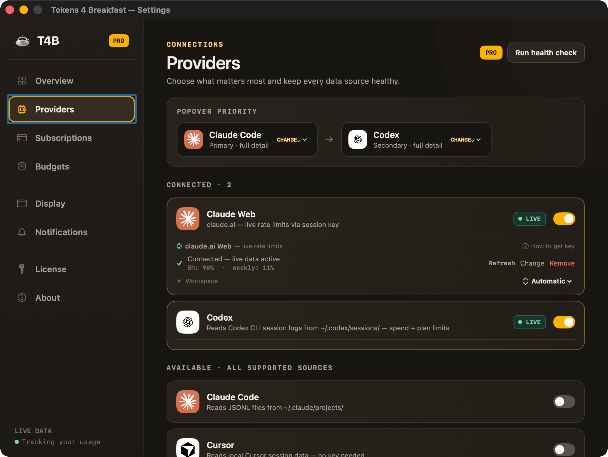 Tokens 4 Breakfast provider settings showing Claude Web and Codex connected, provider priority controls, and additional supported sources.
