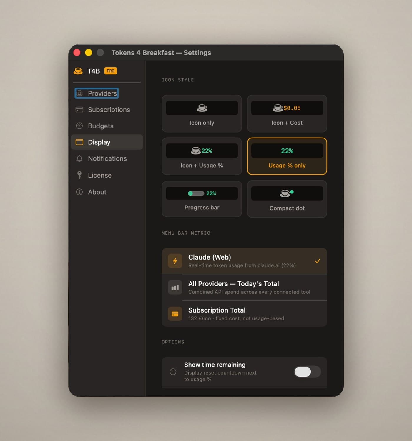 Tokens 4 Breakfast display settings showing menu bar icon styles and subscription total metric selection.