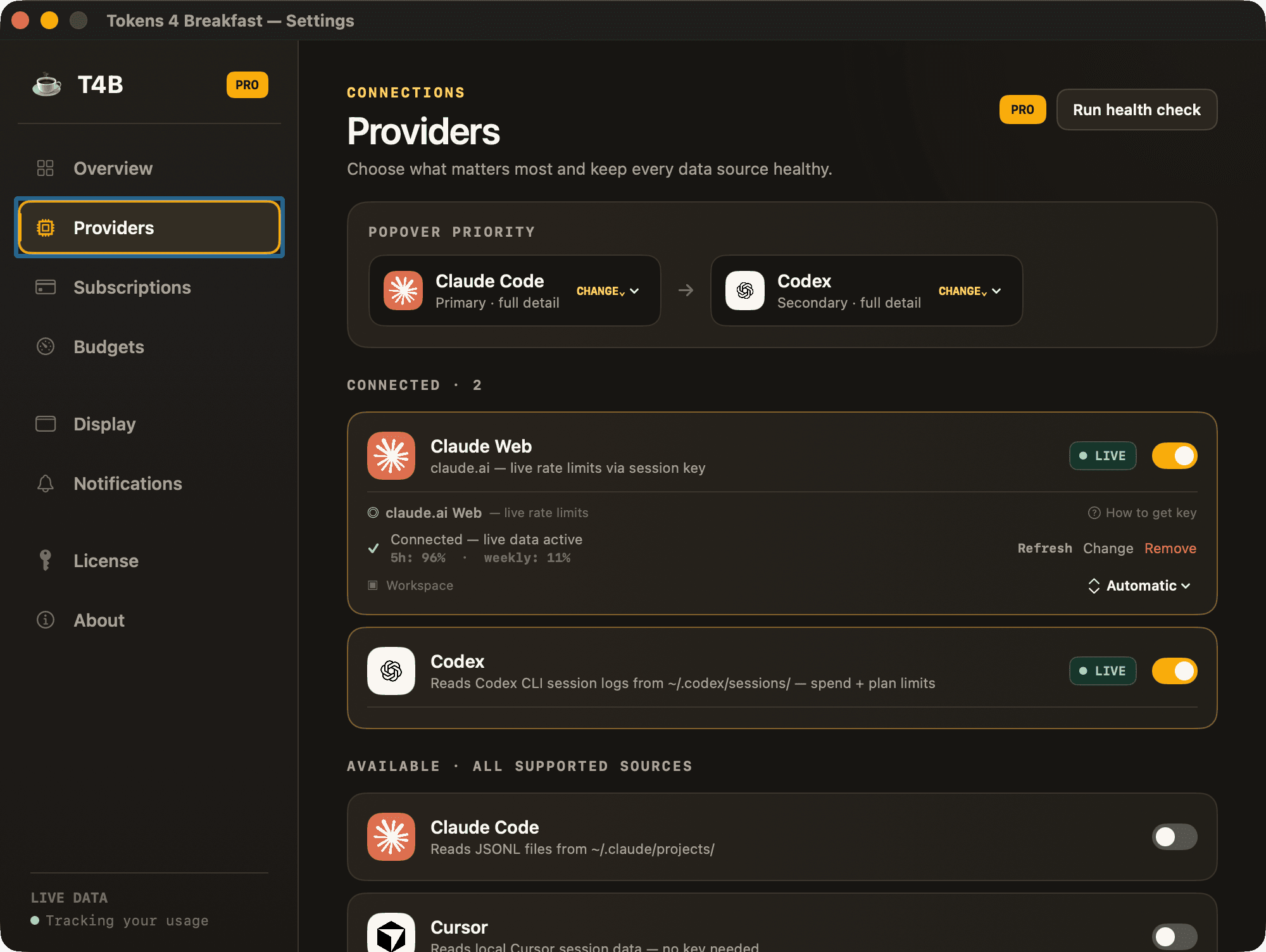 Tokens 4 Breakfast provider settings showing Claude Web and Codex connected, provider priority controls, and additional supported sources.