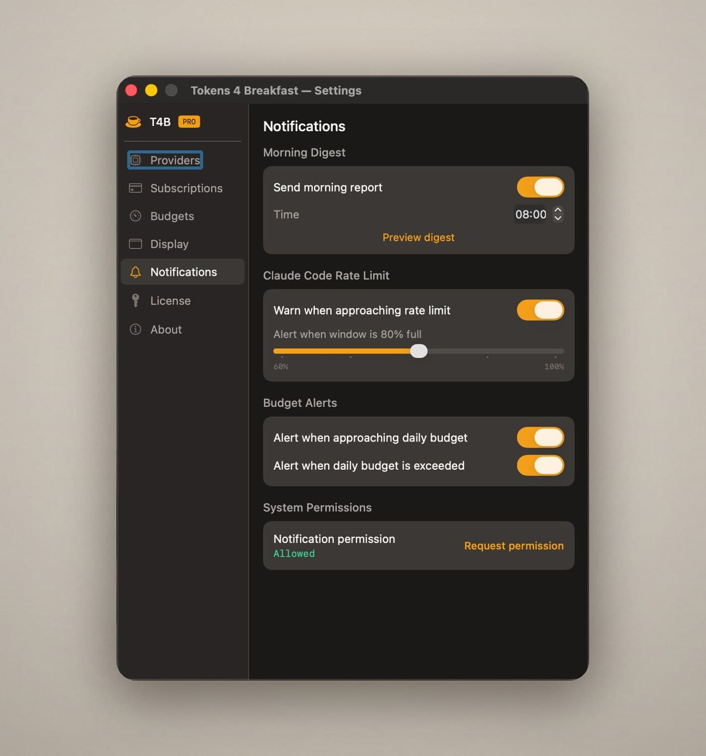 Tokens 4 Breakfast notification settings showing morning digest, Claude Code rate-limit alerts, and budget alerts.