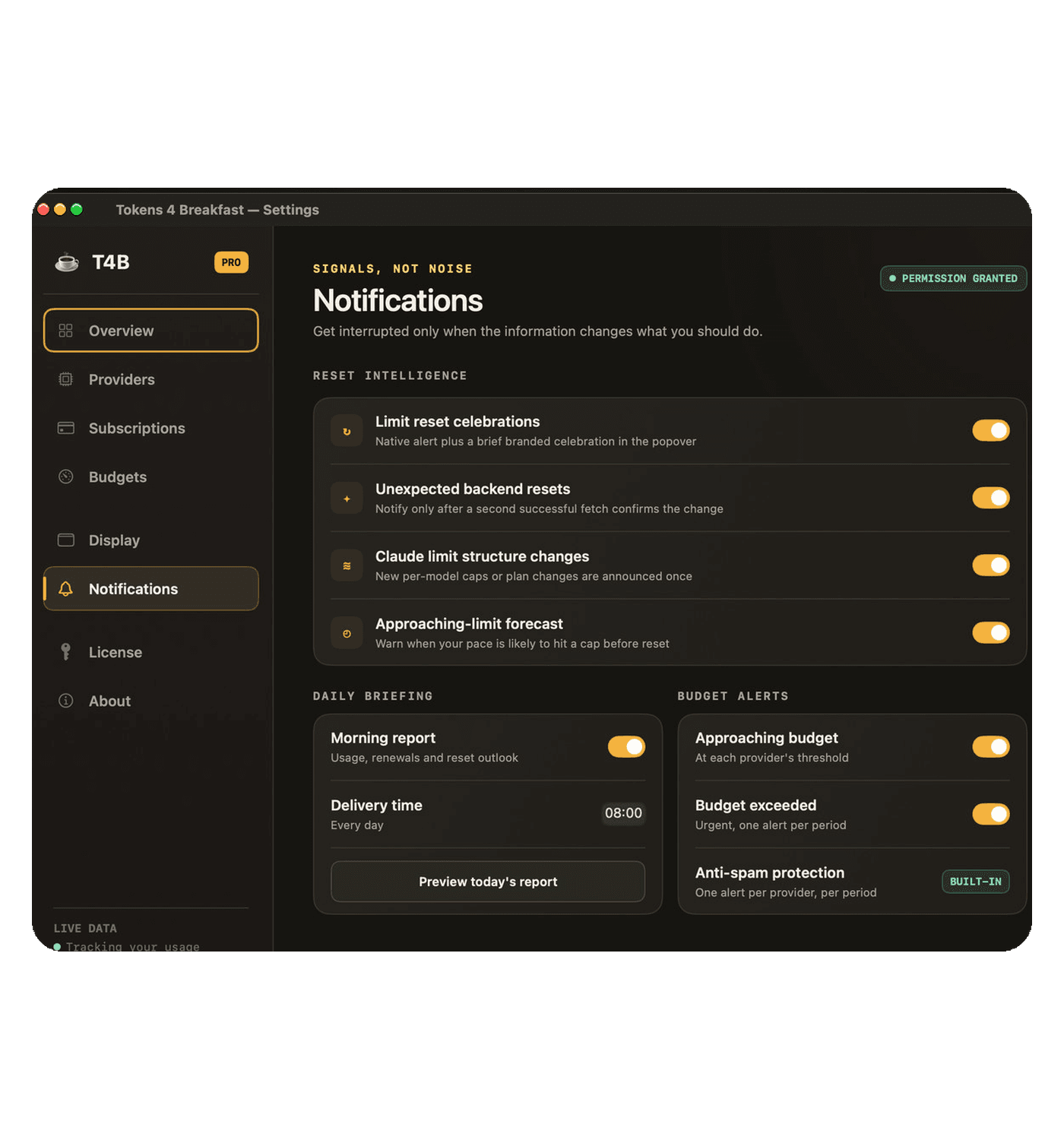 Tokens 4 Breakfast notification settings showing Reset intelligence toggles, a morning report, and budget alerts.
