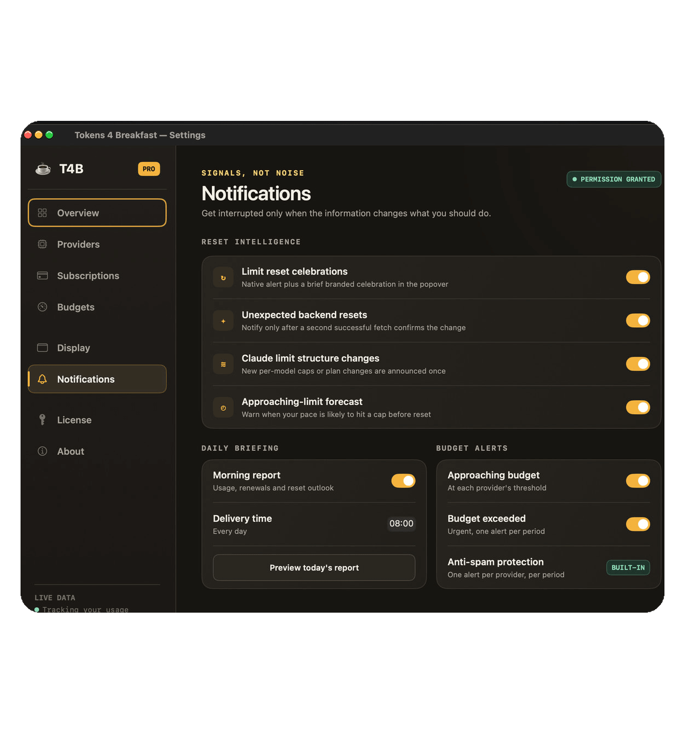 Tokens 4 Breakfast notification settings showing Reset intelligence toggles, a morning report, and budget alerts.