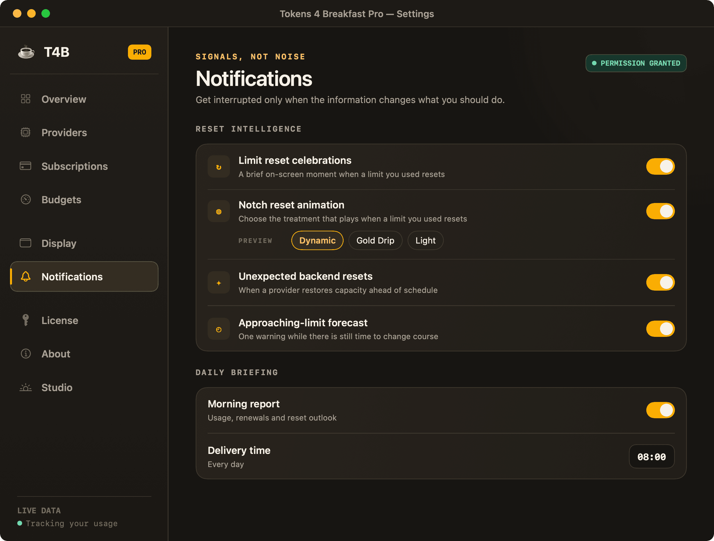 Tokens 4 Breakfast Pro notification settings showing reset intelligence toggles, the notch reset animation treatments, and the daily morning report with its delivery time.