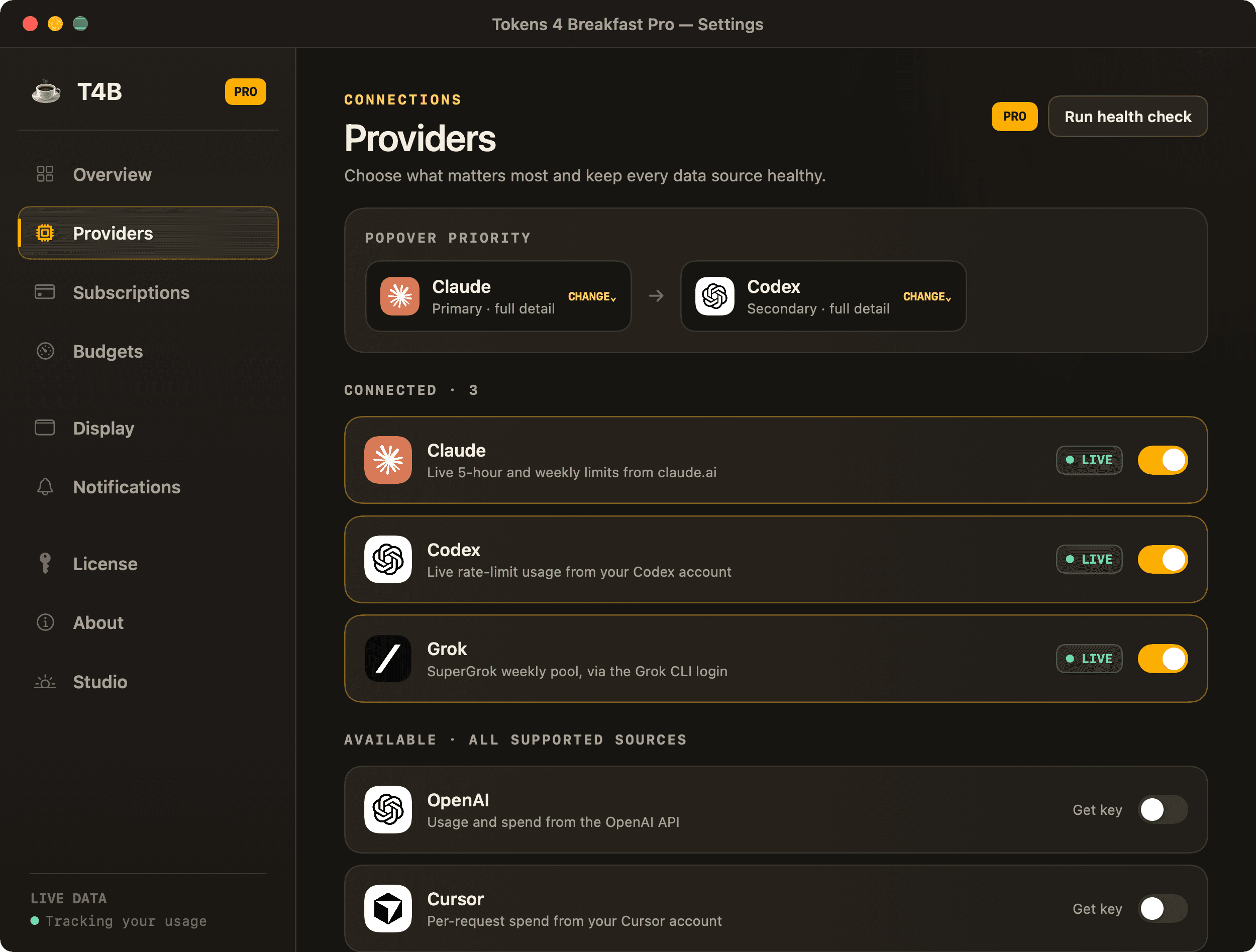 Tokens 4 Breakfast Pro provider settings showing Claude, Codex and Grok connected and live, popover priority controls, and further supported sources ready to connect with a key.